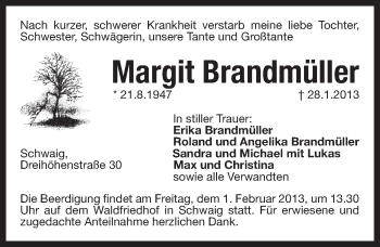 Traueranzeige von Margit Brandmüller von Pegnitz-Zeitung
